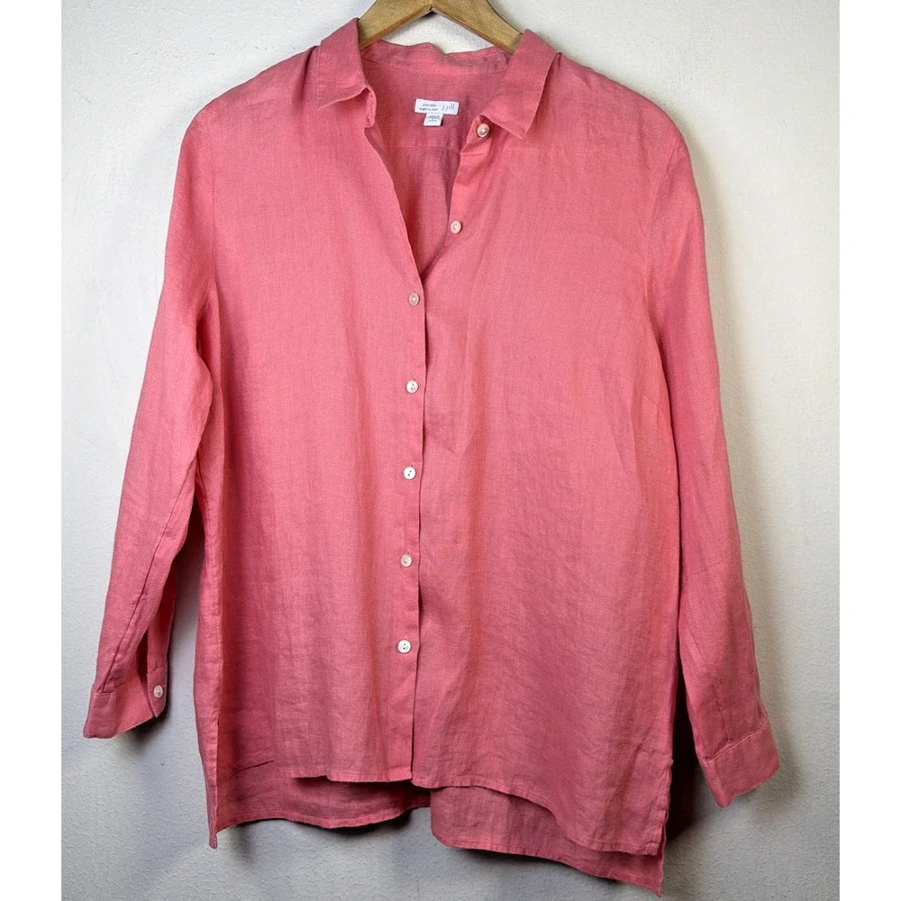 J Jill Linen Top Womens large Petite Casual Button Front Shirt Blouse Salmon - Picture 2 of 11
